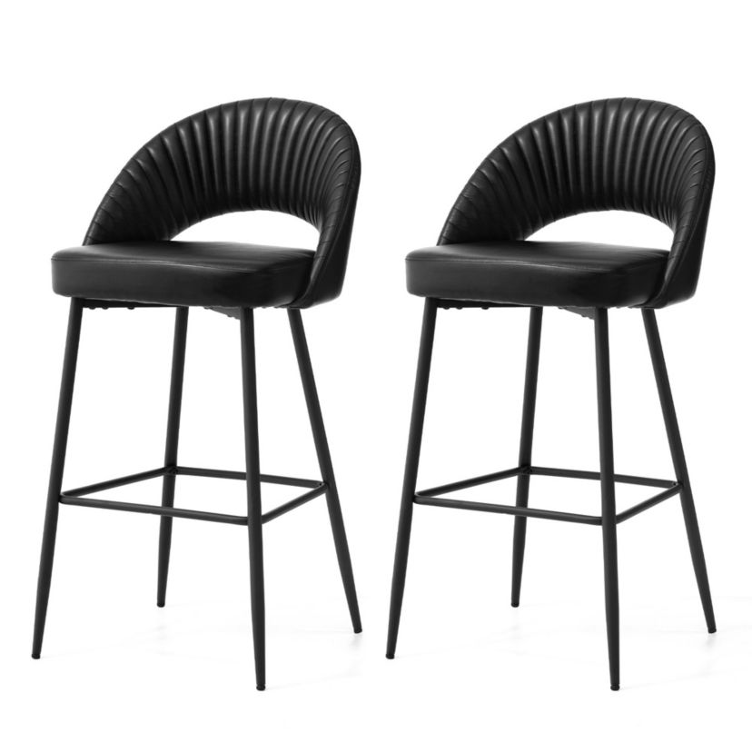 Set of 2 Modern Black Quilted Leatherette Bar Stool with Metal Tapered Legs