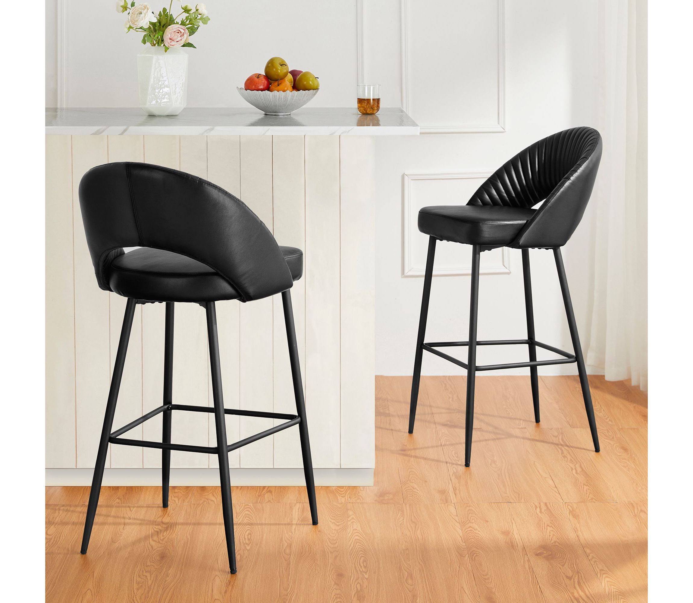 Set of 2 Modern Brown Quilted Leatherette Bar Stool with Metal Tapered Legs