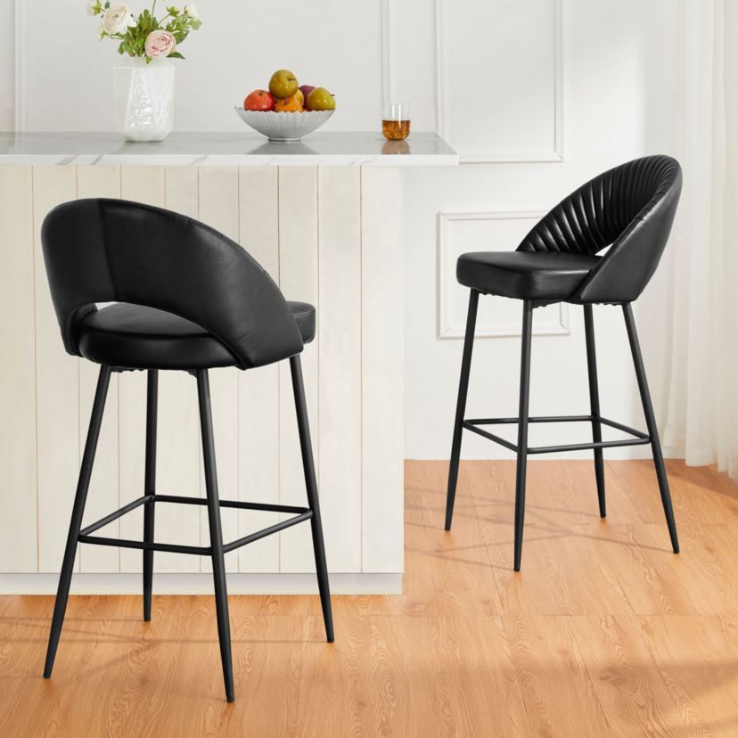 Set of 2 Modern Black Quilted Leatherette Bar Stool with Metal Tapered Legs