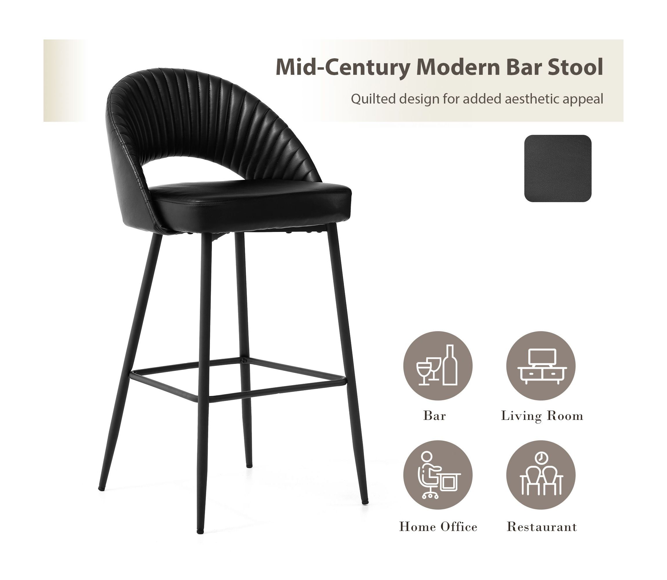 Set of 2 Modern Brown Quilted Leatherette Bar Stool with Metal Tapered Legs