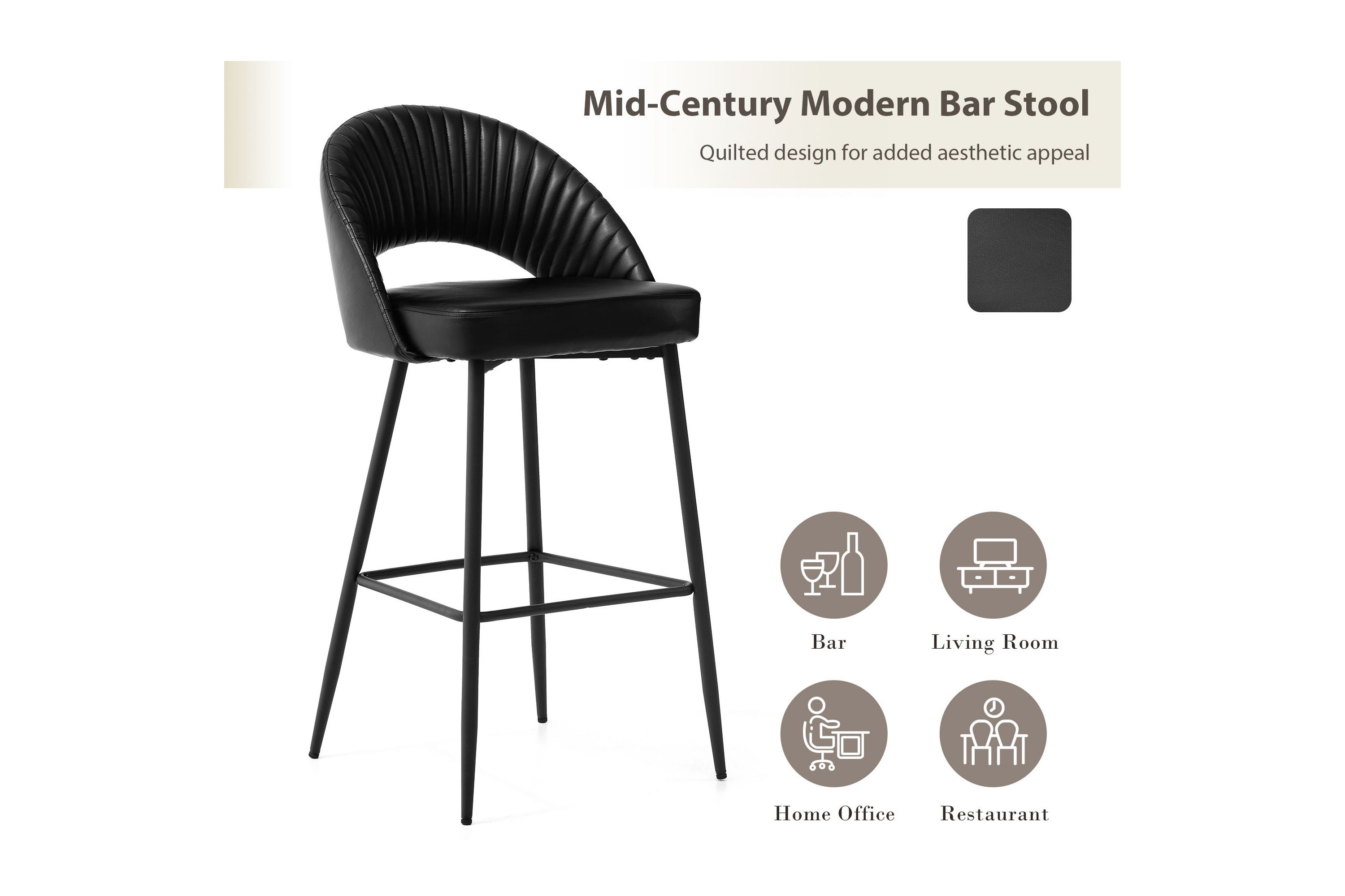 Set of 2 Modern Black Quilted Leatherette Bar Stool with Metal Tapered Legs