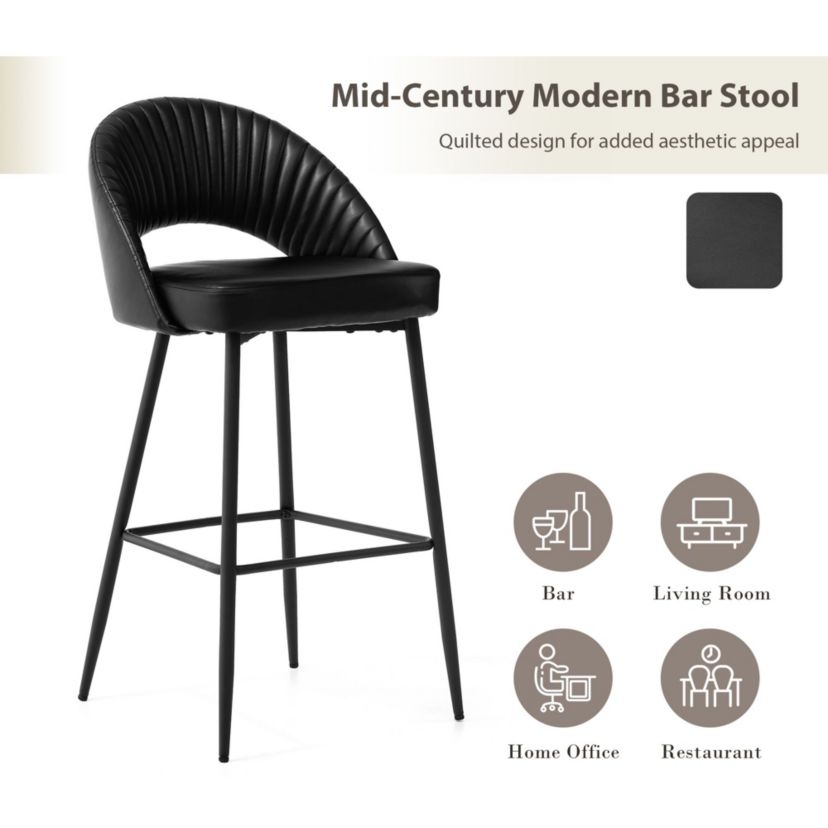 Set of 2 Modern Black Quilted Leatherette Bar Stool with Metal Tapered Legs