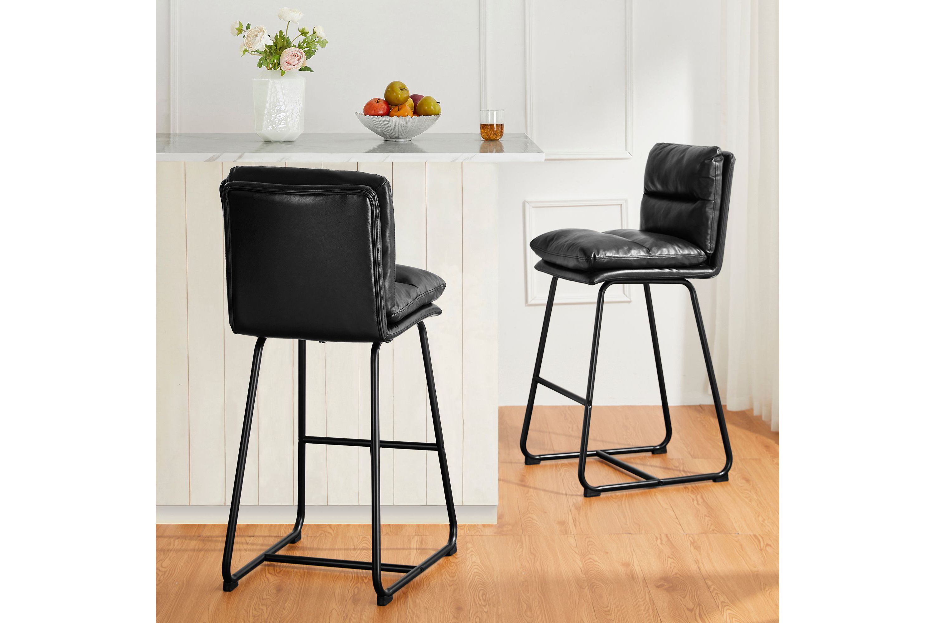Set of 2 Modern Brown Thick Leatherette Bar Stool with Metal Legs