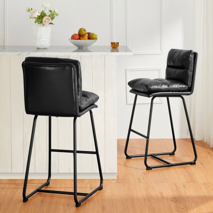 Set of 2 Modern Brown Thick Leatherette Bar Stool with Metal Legs