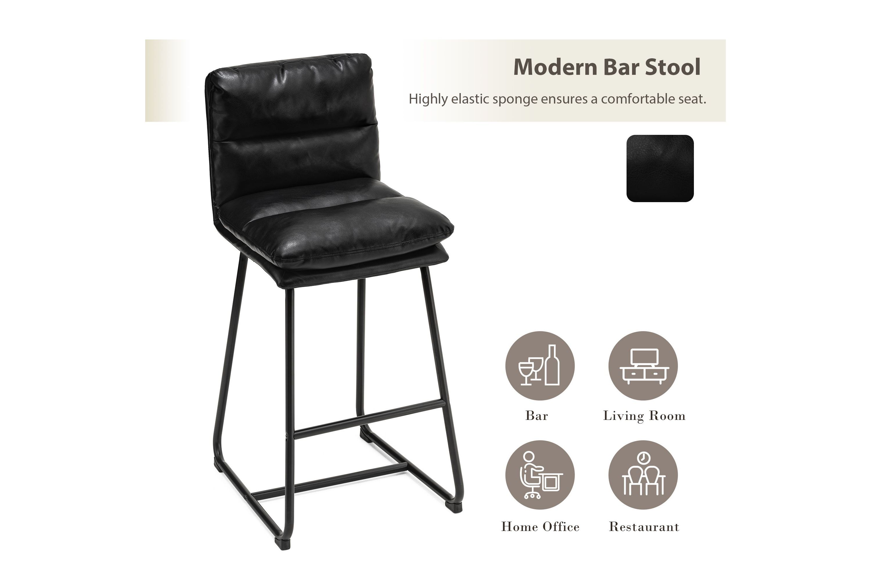 Set of 2 Modern Brown Thick Leatherette Bar Stool with Metal Legs