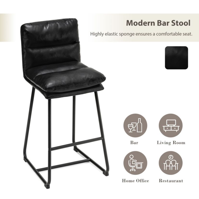 Set of 2 Modern Brown Thick Leatherette Bar Stool with Metal Legs