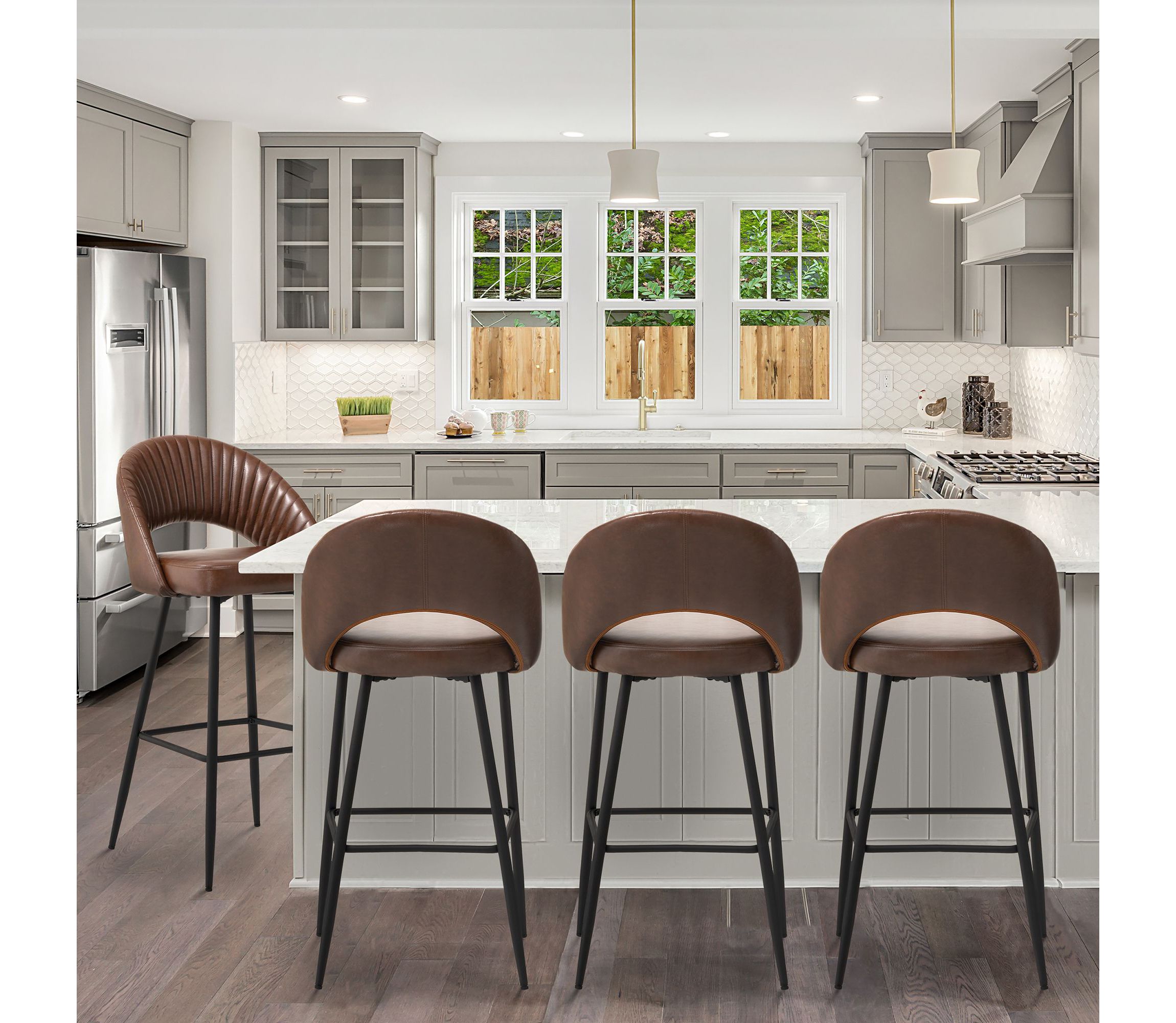 Set of 4 Modern Black Quilted Leatherette Bar Stool with Metal Tapered Legs