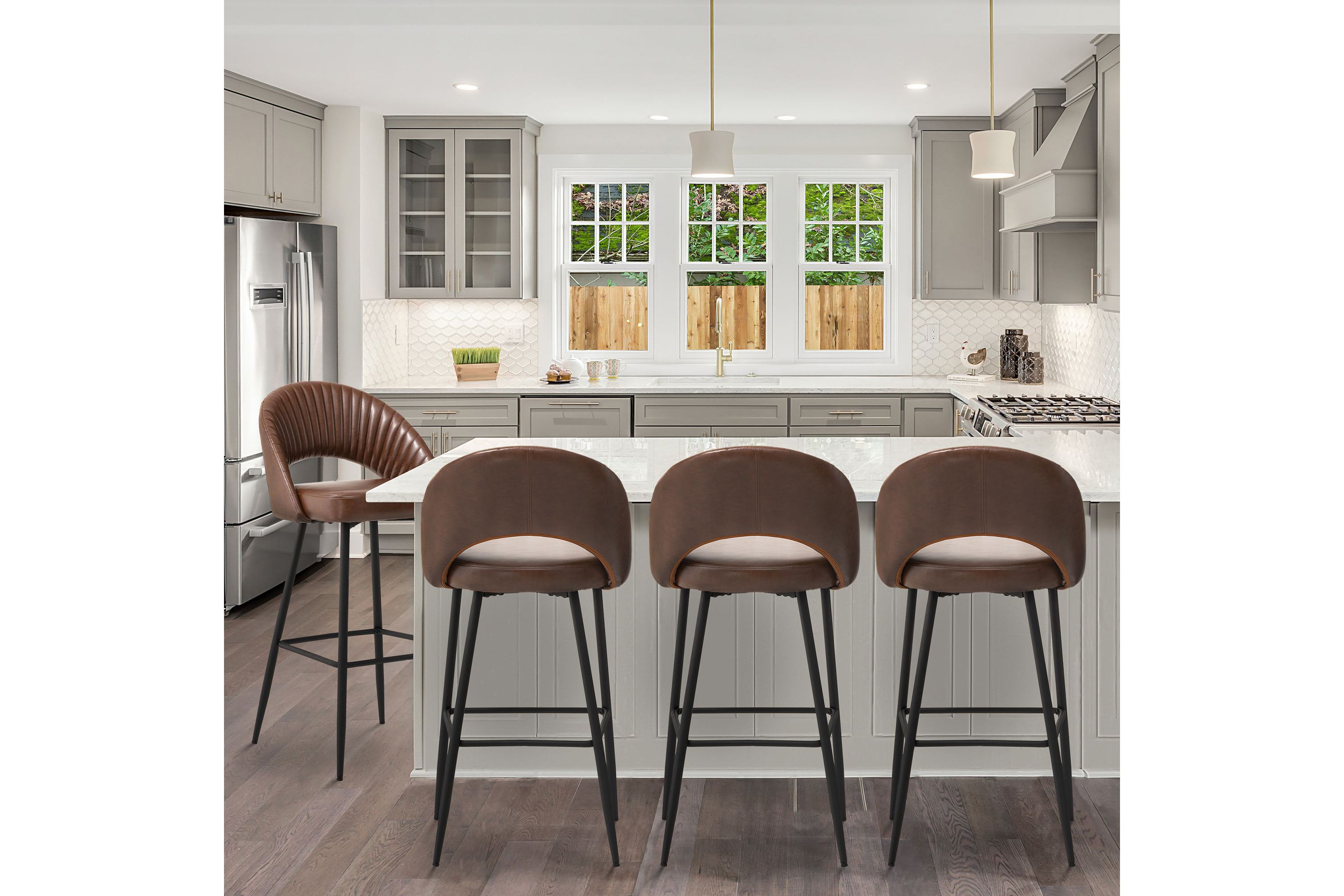 Set of 4 Modern Black Quilted Leatherette Bar Stool with Metal Tapered Legs