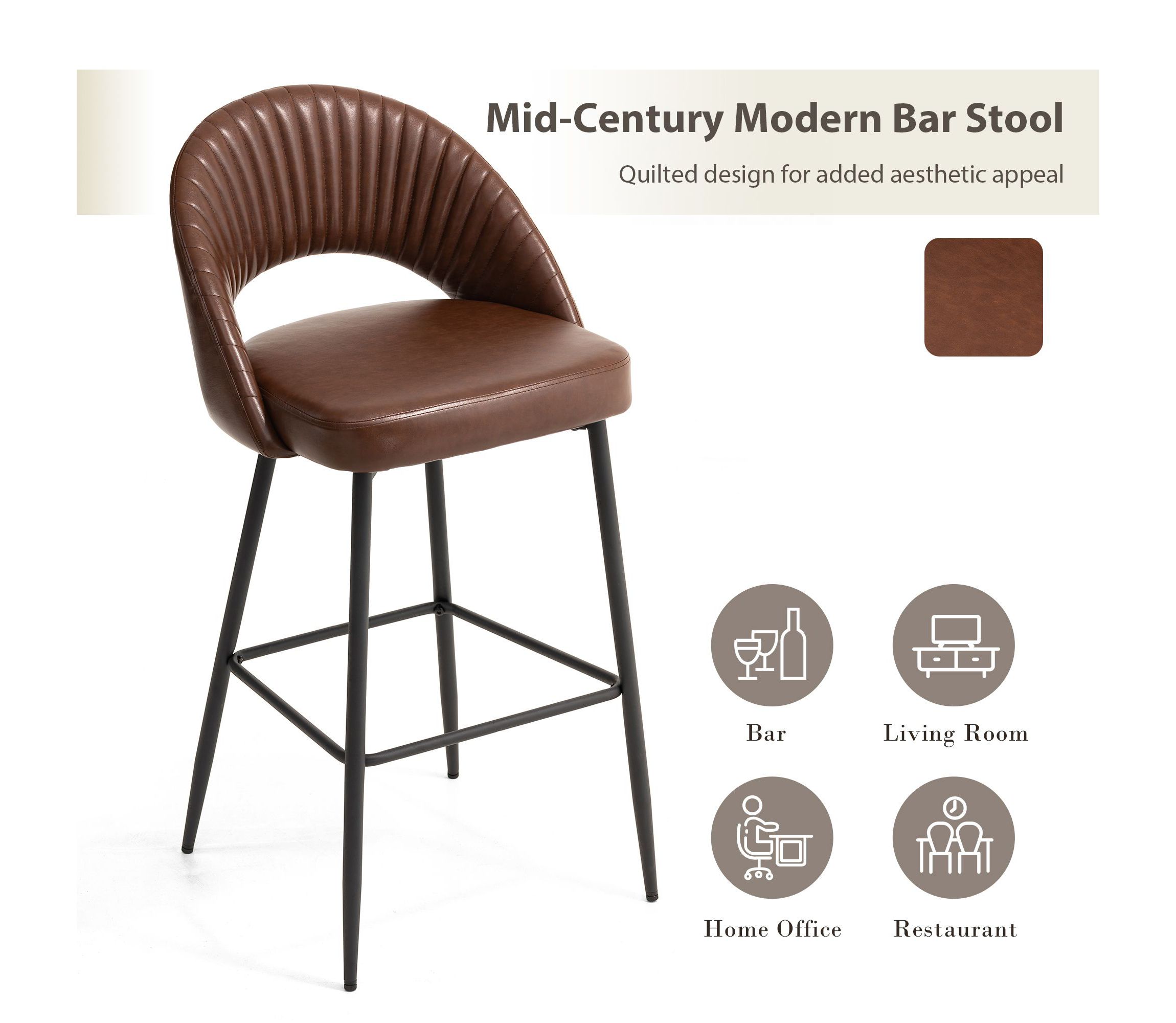 Set of 4 Modern Black Quilted Leatherette Bar Stool with Metal Tapered Legs