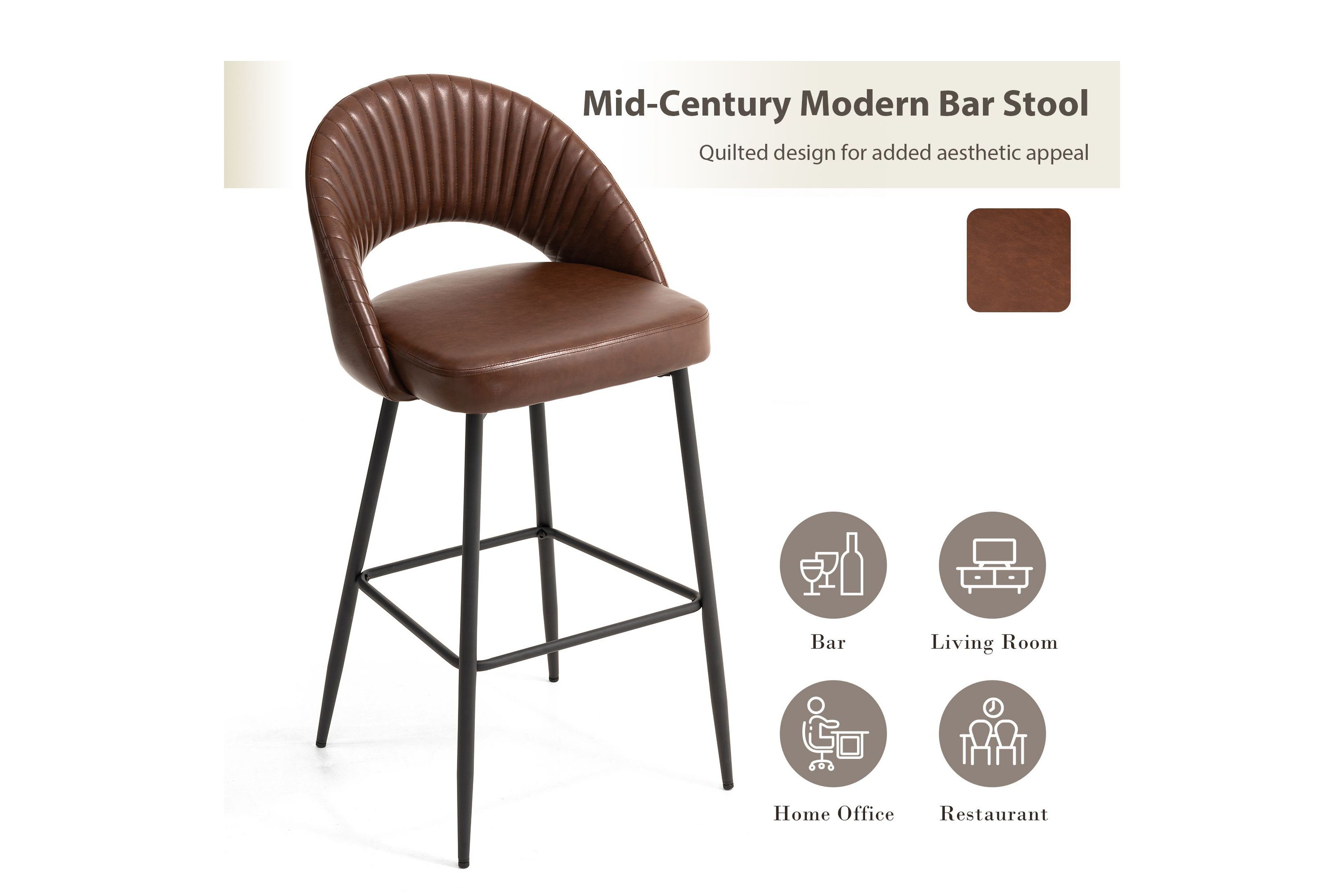 Set of 4 Modern Black Quilted Leatherette Bar Stool with Metal Tapered Legs