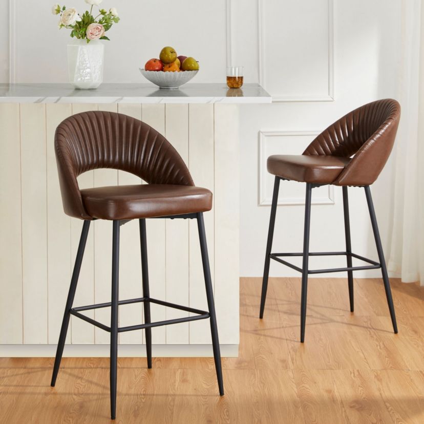 Set of 4 Modern Black Quilted Leatherette Bar Stool with Metal Tapered Legs