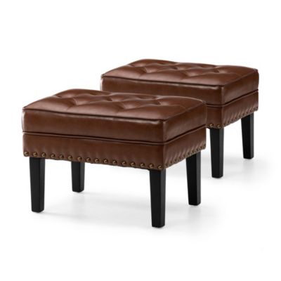 Glitzhome Set of 2 Mid-century Modern Coffee Leatherette Button-tufted Accent Stool, Brown