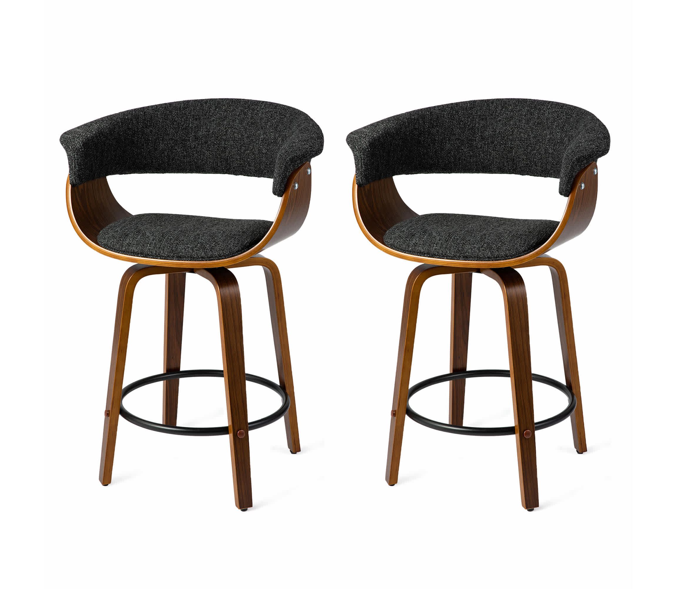 Set of 2 Mid-century Modern Heathered Black Fabric Swivel Counter Stool with Walnut Bentwood Base