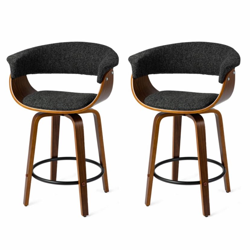 Set of 2 Mid-century Modern Heathered Black Fabric Swivel Counter Stool with Walnut Bentwood Base