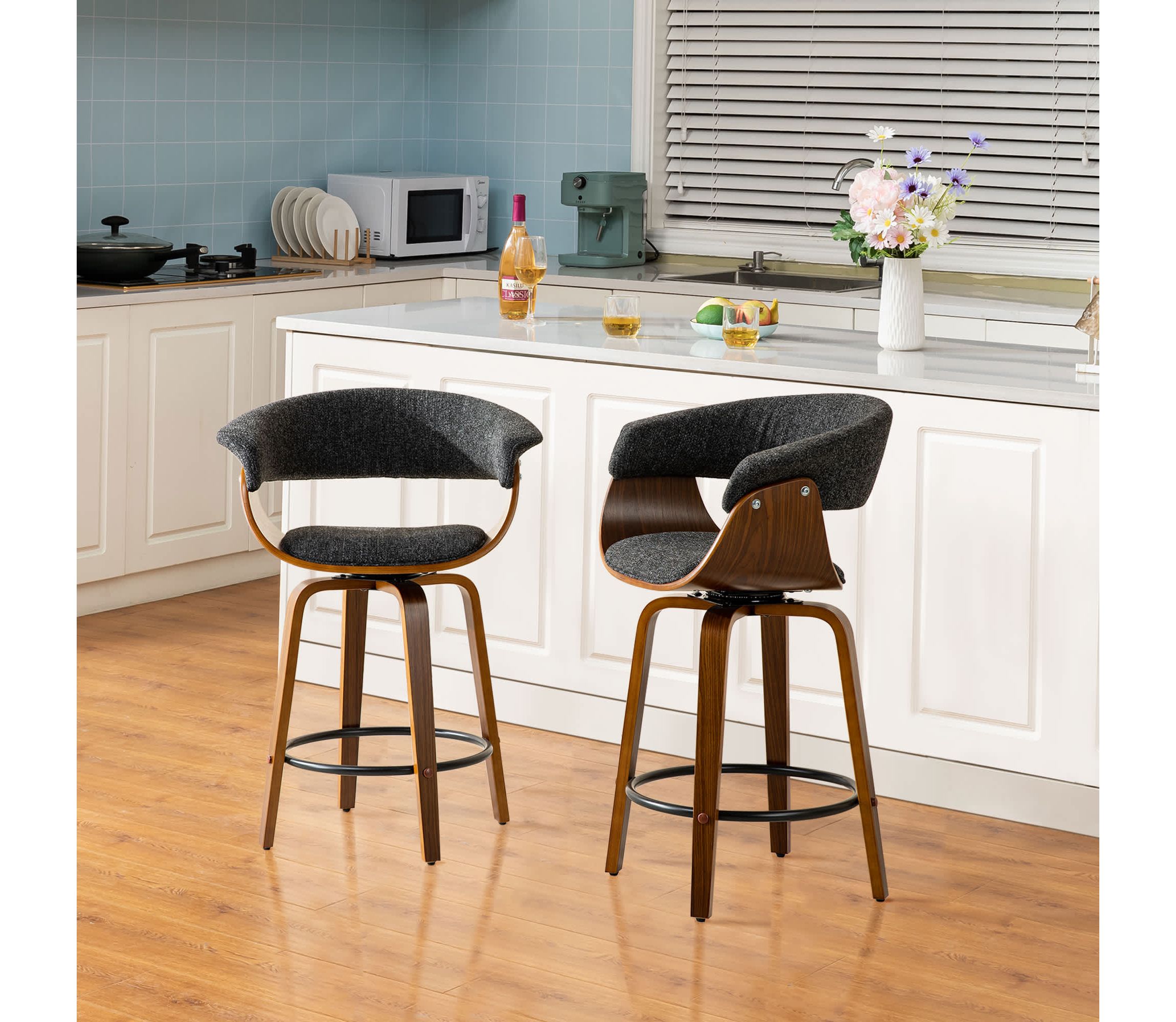 Set of 2 Mid-century Modern Heathered Black Fabric Swivel Counter Stool with Walnut Bentwood Base