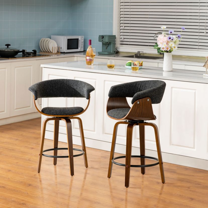 Set of 2 Mid-century Modern Heathered Black Fabric Swivel Counter Stool with Walnut Bentwood Base