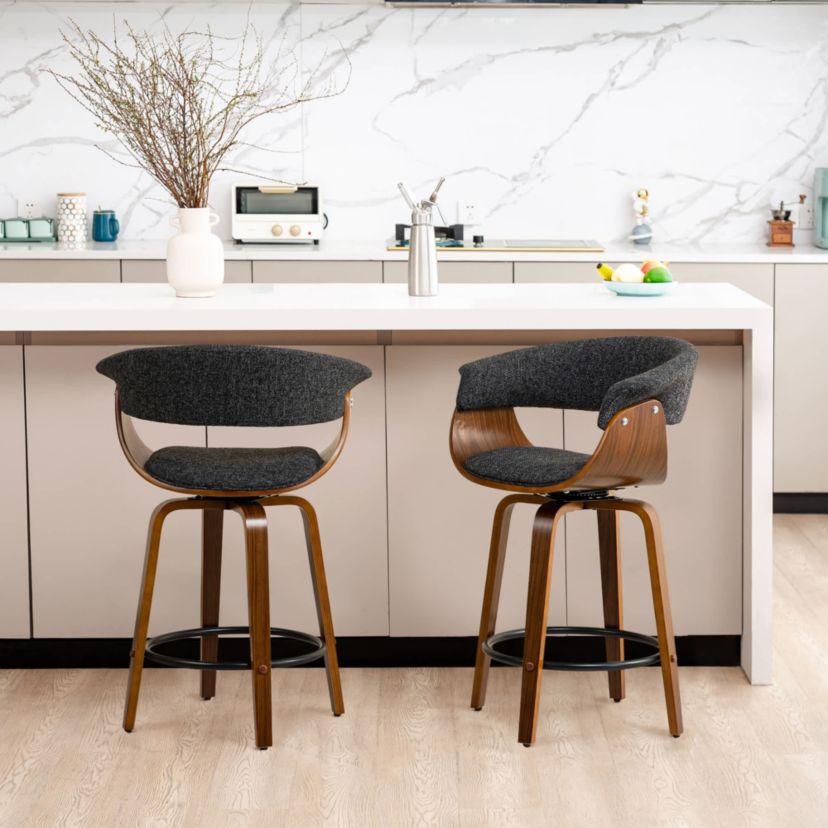 Set of 2 Mid-century Modern Heathered Black Fabric Swivel Counter Stool with Walnut Bentwood Base