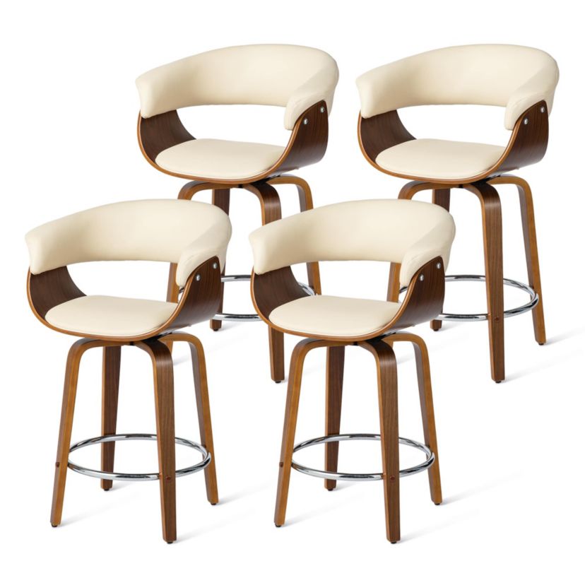 Set of 4 Mid-century Modern Cream Leatherette Swivel Counter Stool with Walnut Bentwood Frame