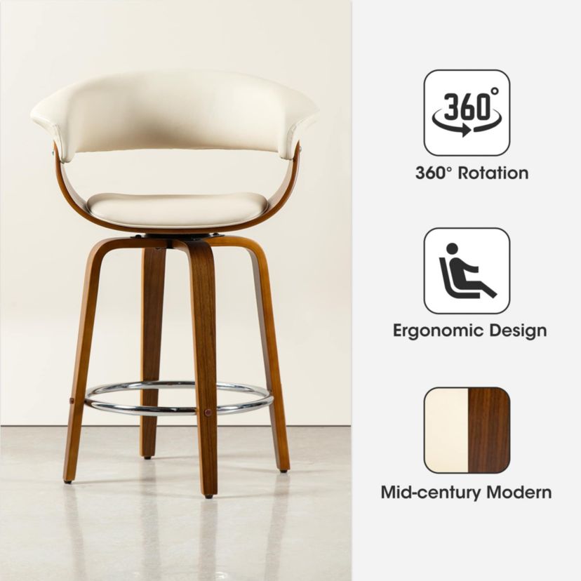 Set of 4 Mid-century Modern Cream Leatherette Swivel Counter Stool with Walnut Bentwood Frame