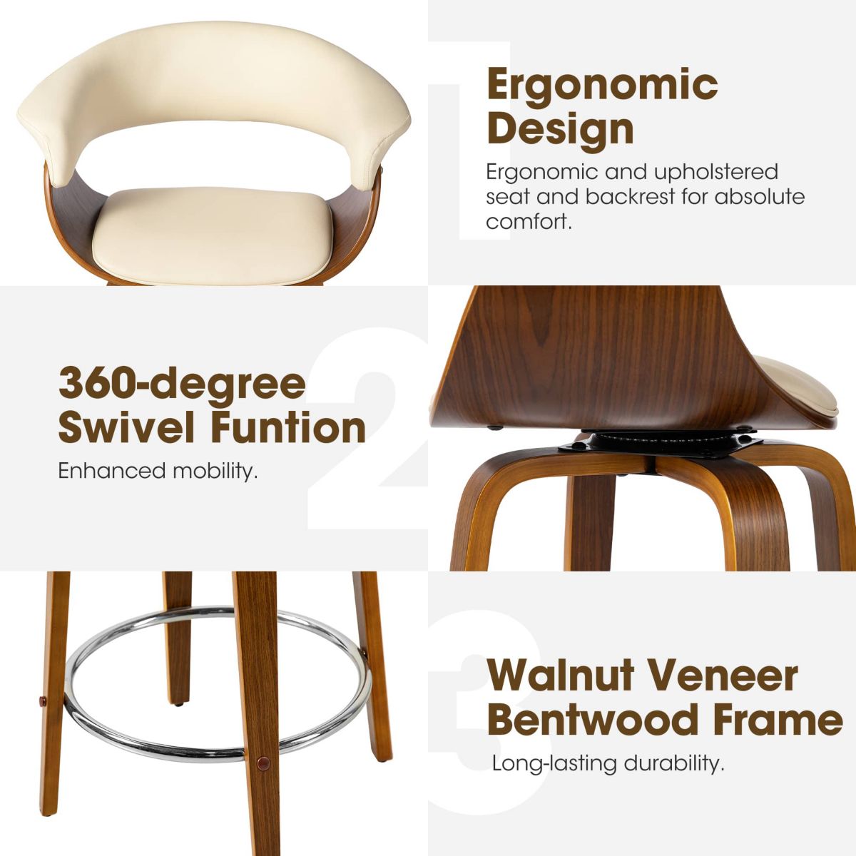 Set of 4 Mid-century Modern Cream Leatherette Swivel Counter Stool with Walnut Bentwood Frame