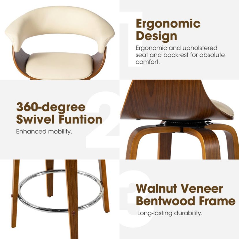 Set of 4 Mid-century Modern Cream Leatherette Swivel Counter Stool with Walnut Bentwood Frame