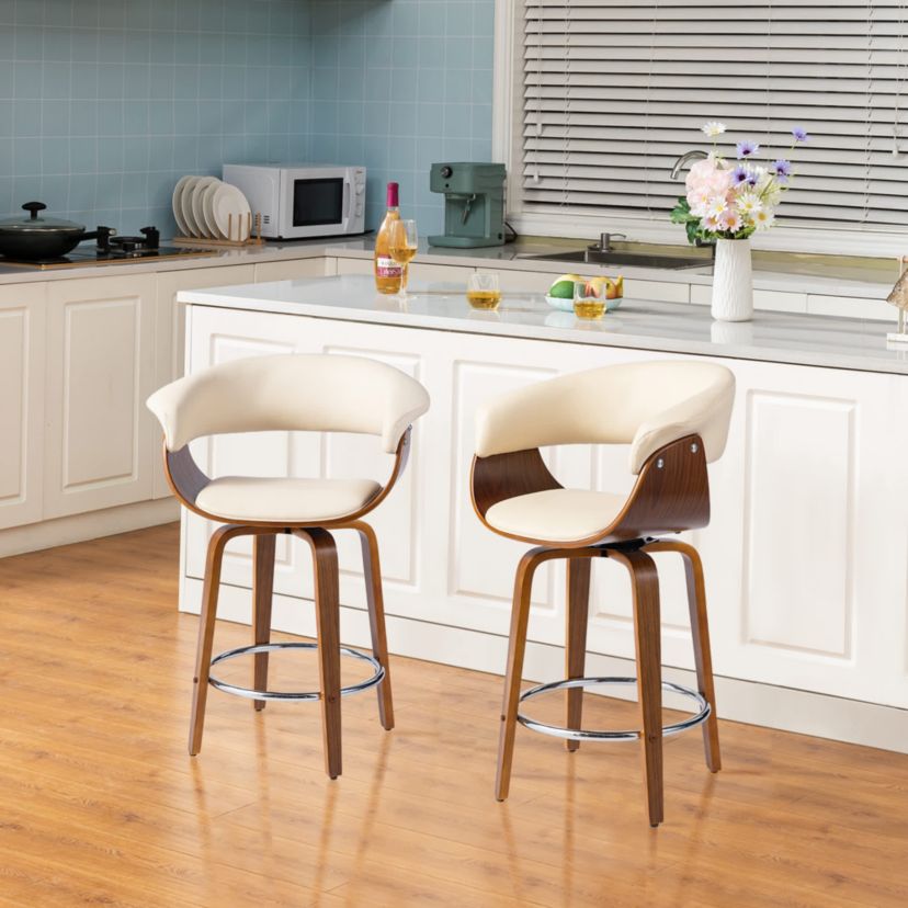Set of 4 Mid-century Modern Cream Leatherette Swivel Counter Stool with Walnut Bentwood Frame