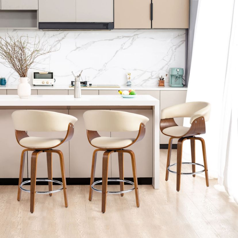 Set of 4 Mid-century Modern Cream Leatherette Swivel Counter Stool with Walnut Bentwood Frame