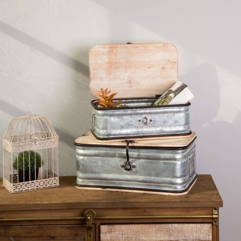 Set of 2 Galvanized Wood Storage Chests