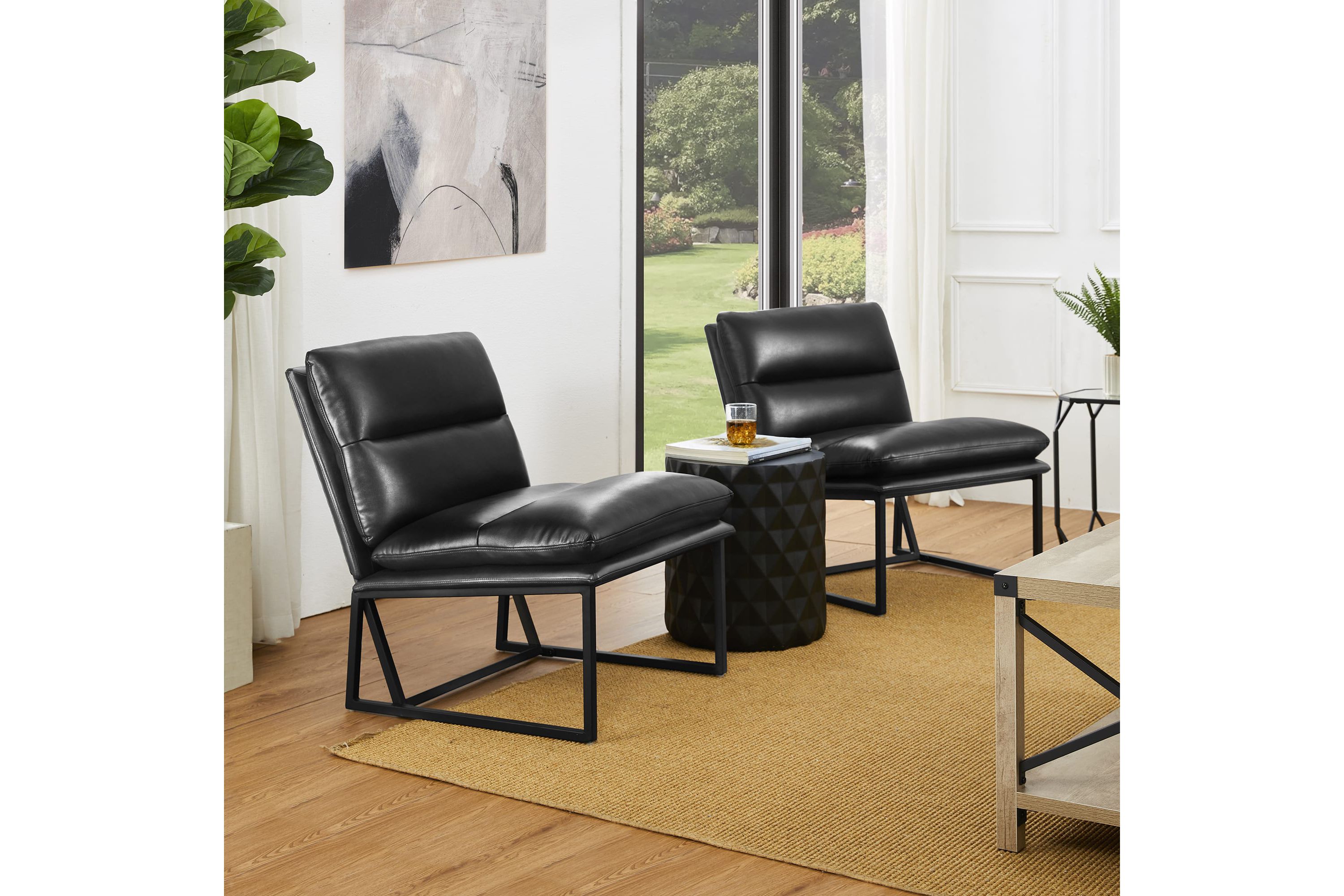 Set of 2 Modern Black Thick Leatherette Accent Chair