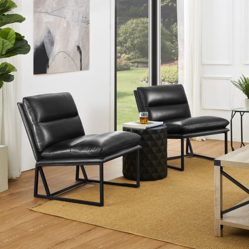 Set of 2 Modern Black Thick Leatherette Accent Chair