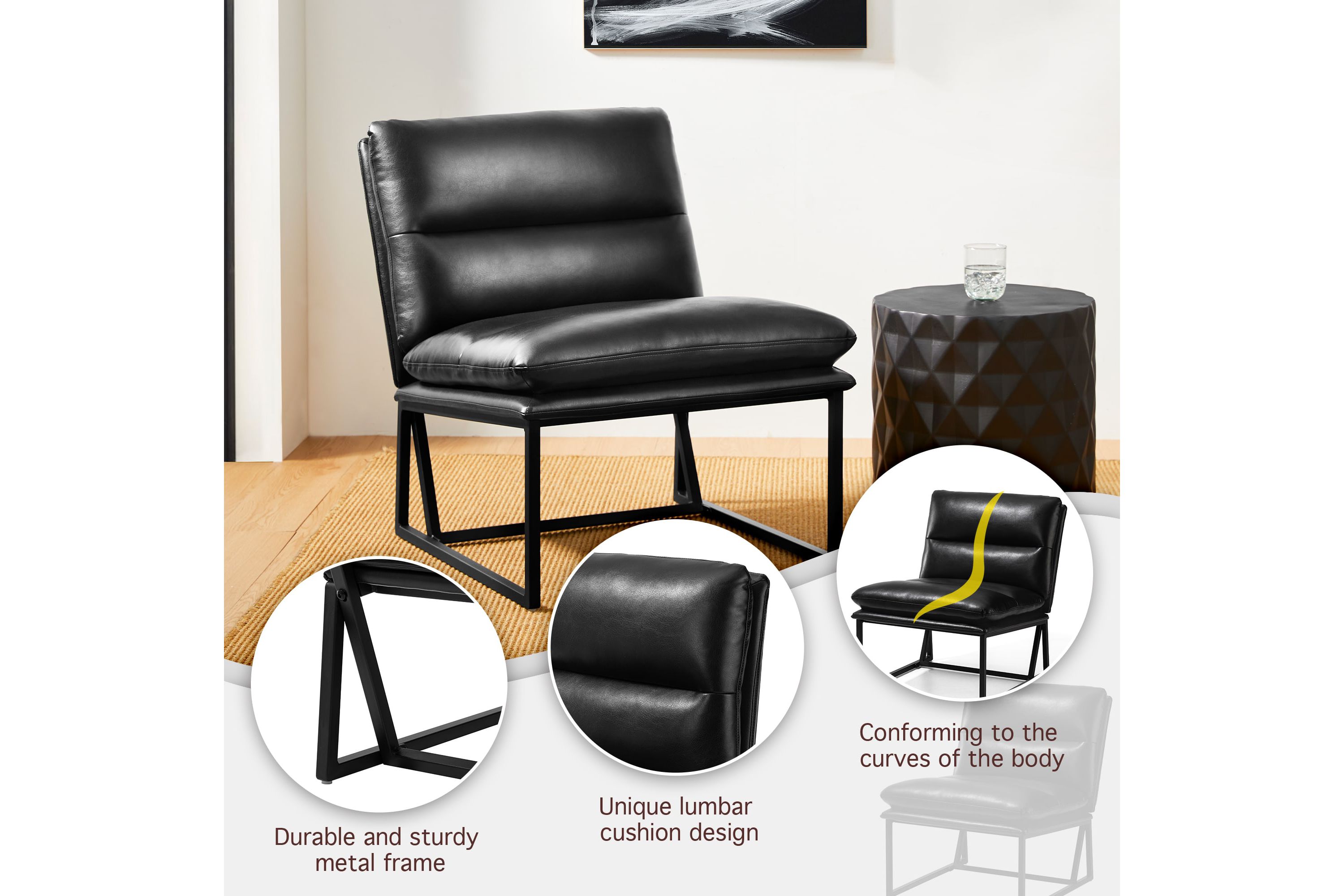 Set of 2 Modern Black Thick Leatherette Accent Chair