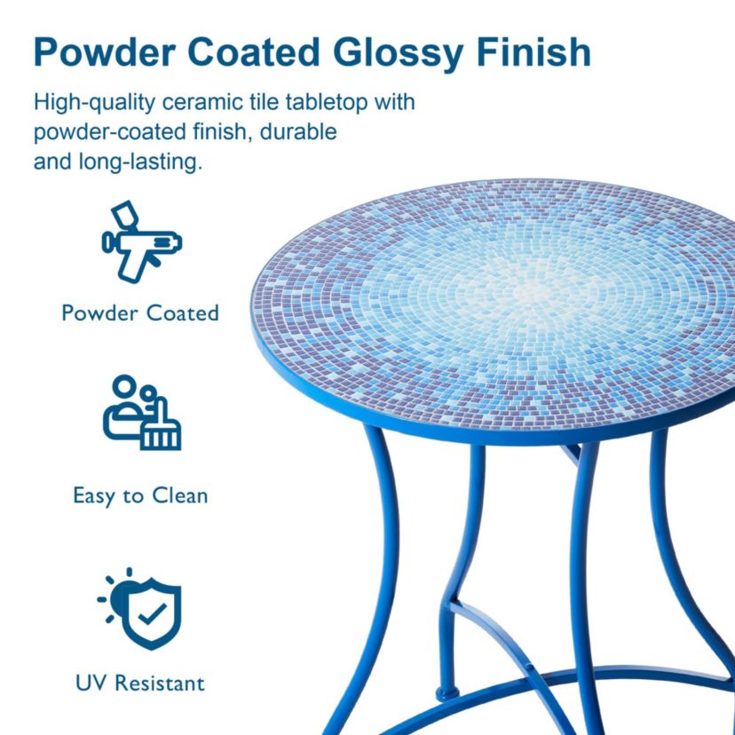 28"H Outdoor Metal Folding Blue Bistro Table with Ceramic Tile Top (KD)