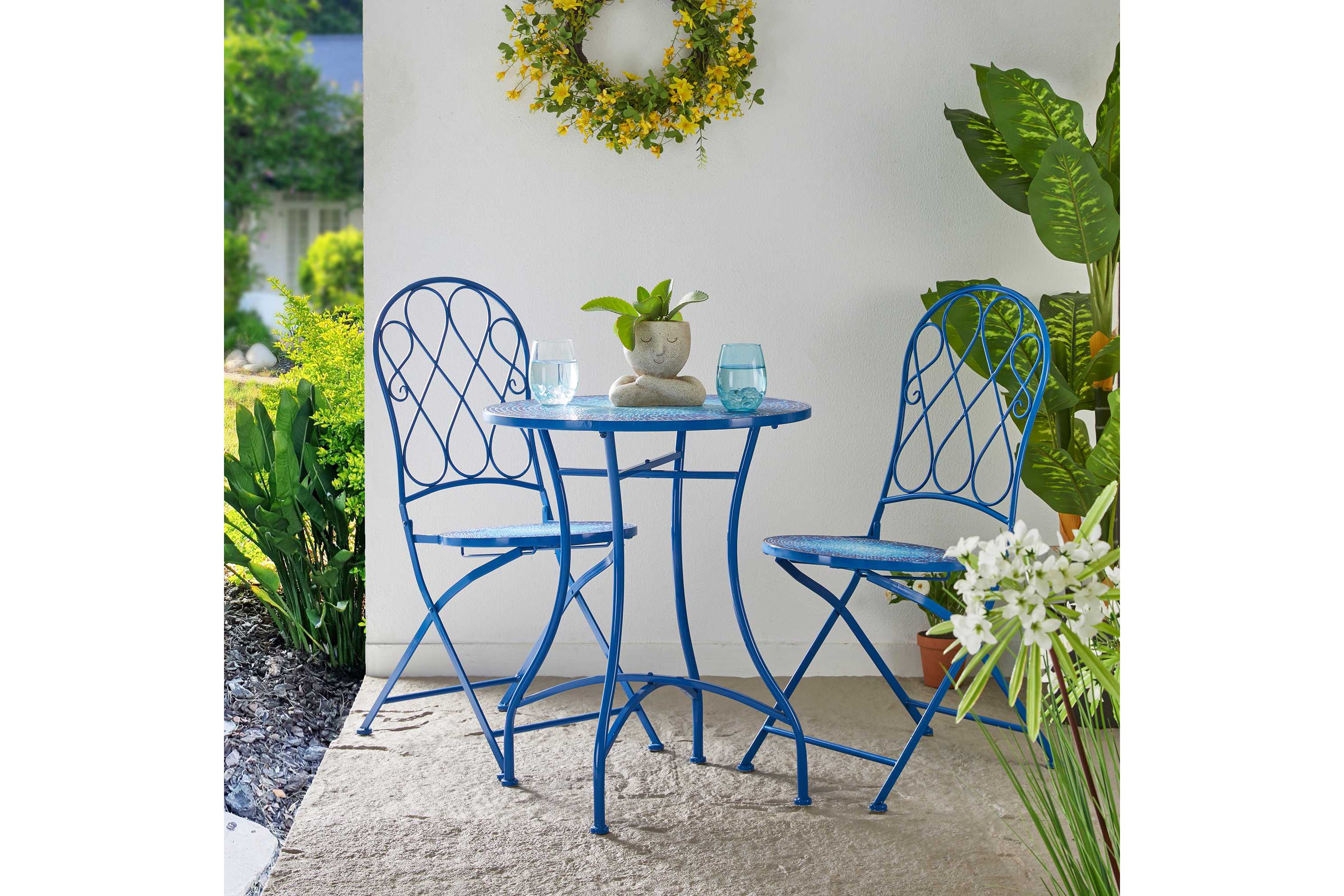 28"H Outdoor Metal Folding Blue Bistro Table with Ceramic Tile Top (KD)