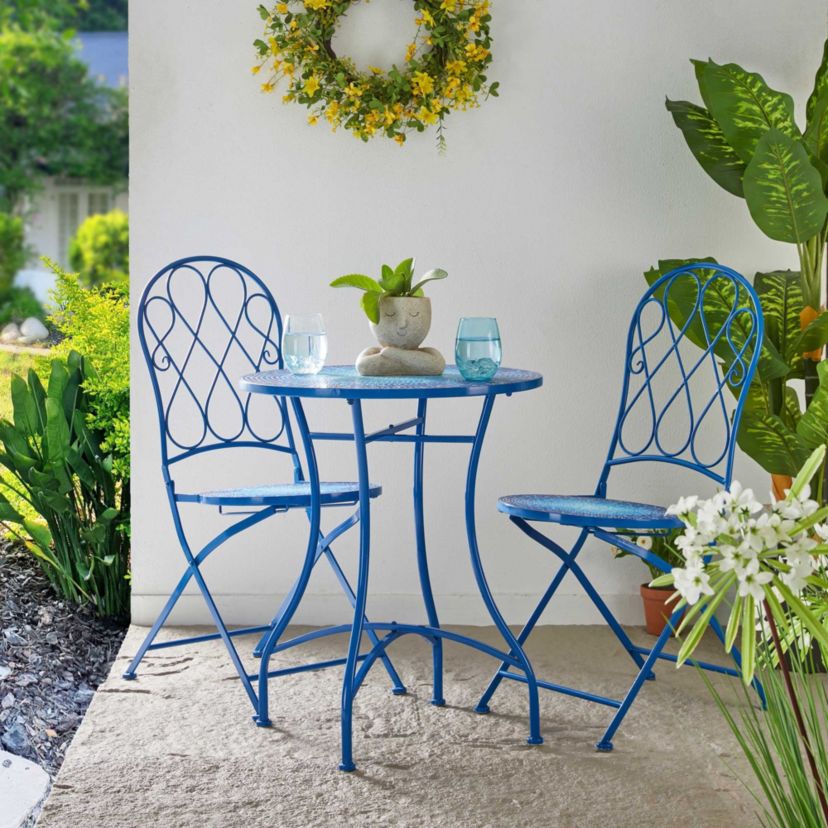 28"H Outdoor Metal Folding Blue Bistro Table with Ceramic Tile Top (KD)