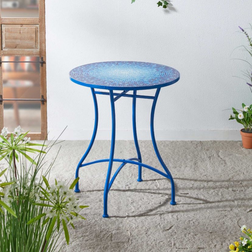 28"H Outdoor Metal Folding Blue Bistro Table with Ceramic Tile Top (KD)