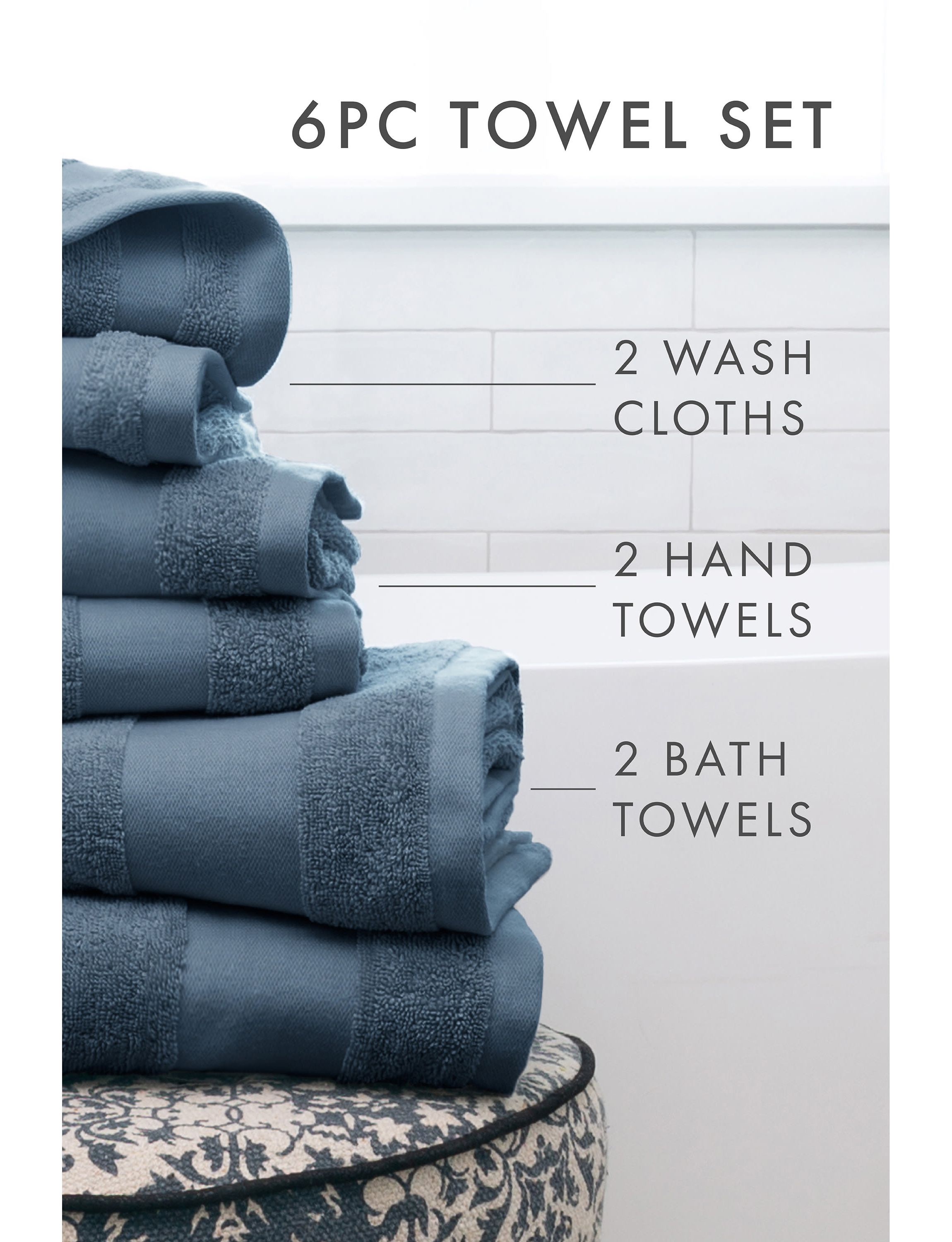 Towels 6-Pack 100% Cotton Bathroom Essentials