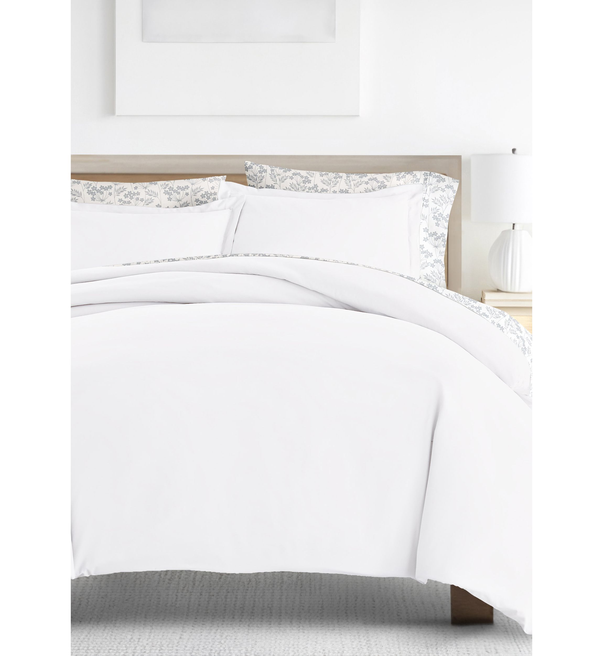 Bedding Bundle, Solid Duvet Cover Set, White Comforter and Patterned Sheet Set