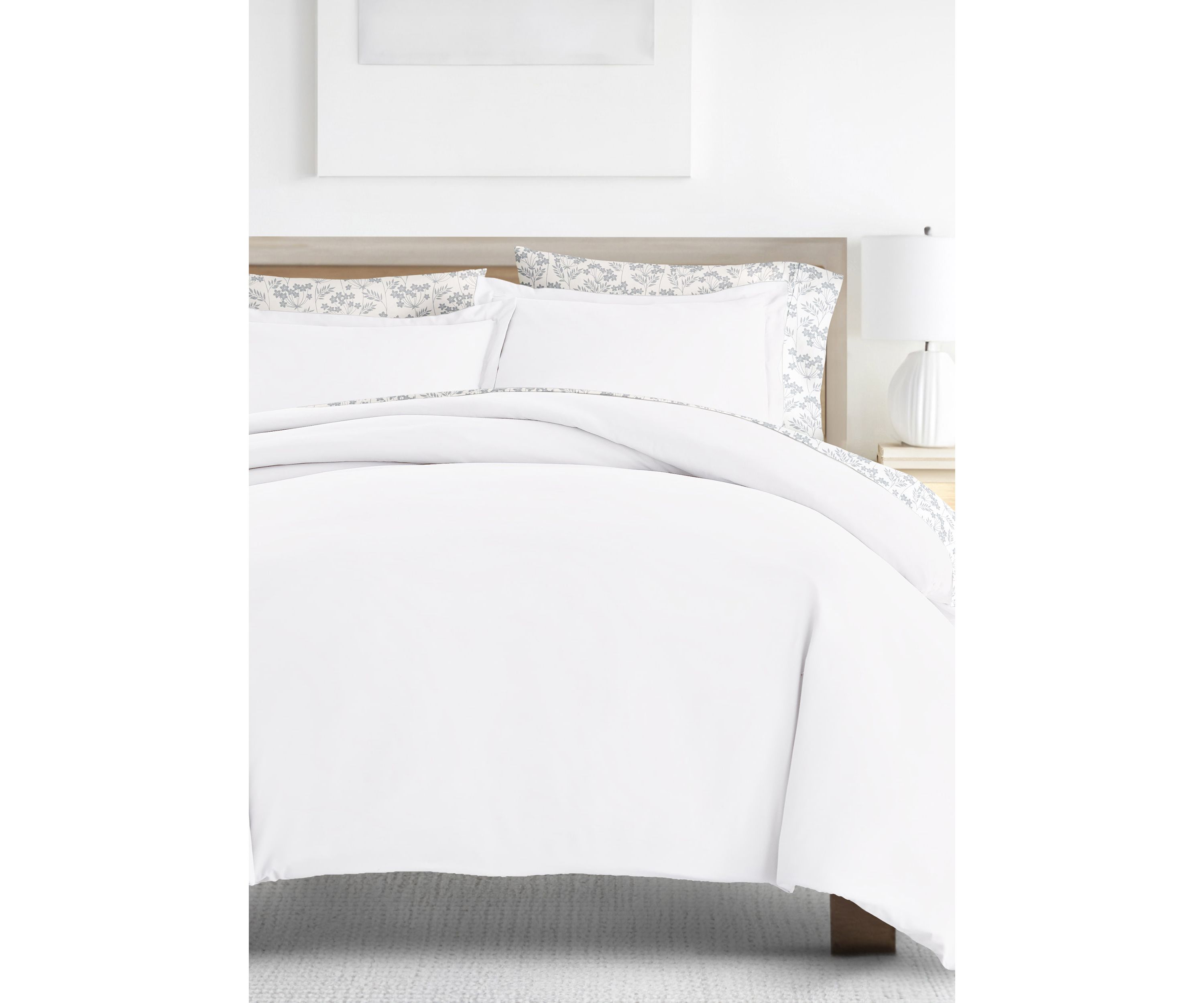 Bedding Bundle, Solid Duvet Cover Set, White Comforter and Patterned Sheet Set
