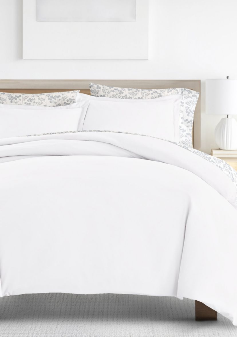 Bedding Bundle, Solid Duvet Cover Set, White Comforter and Patterned Sheet Set