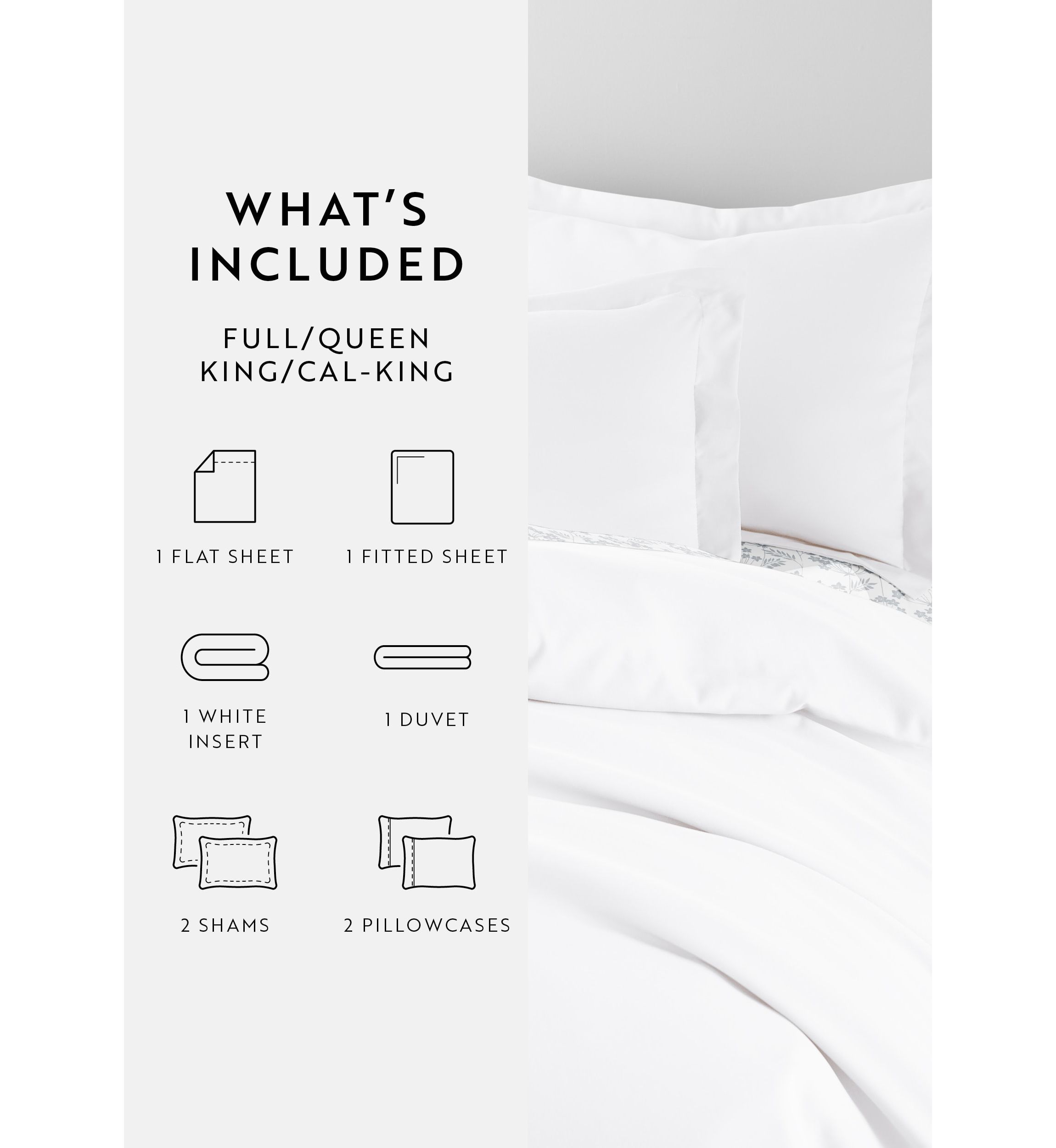 Bedding Bundle, Solid Duvet Cover Set, White Comforter and Patterned Sheet Set