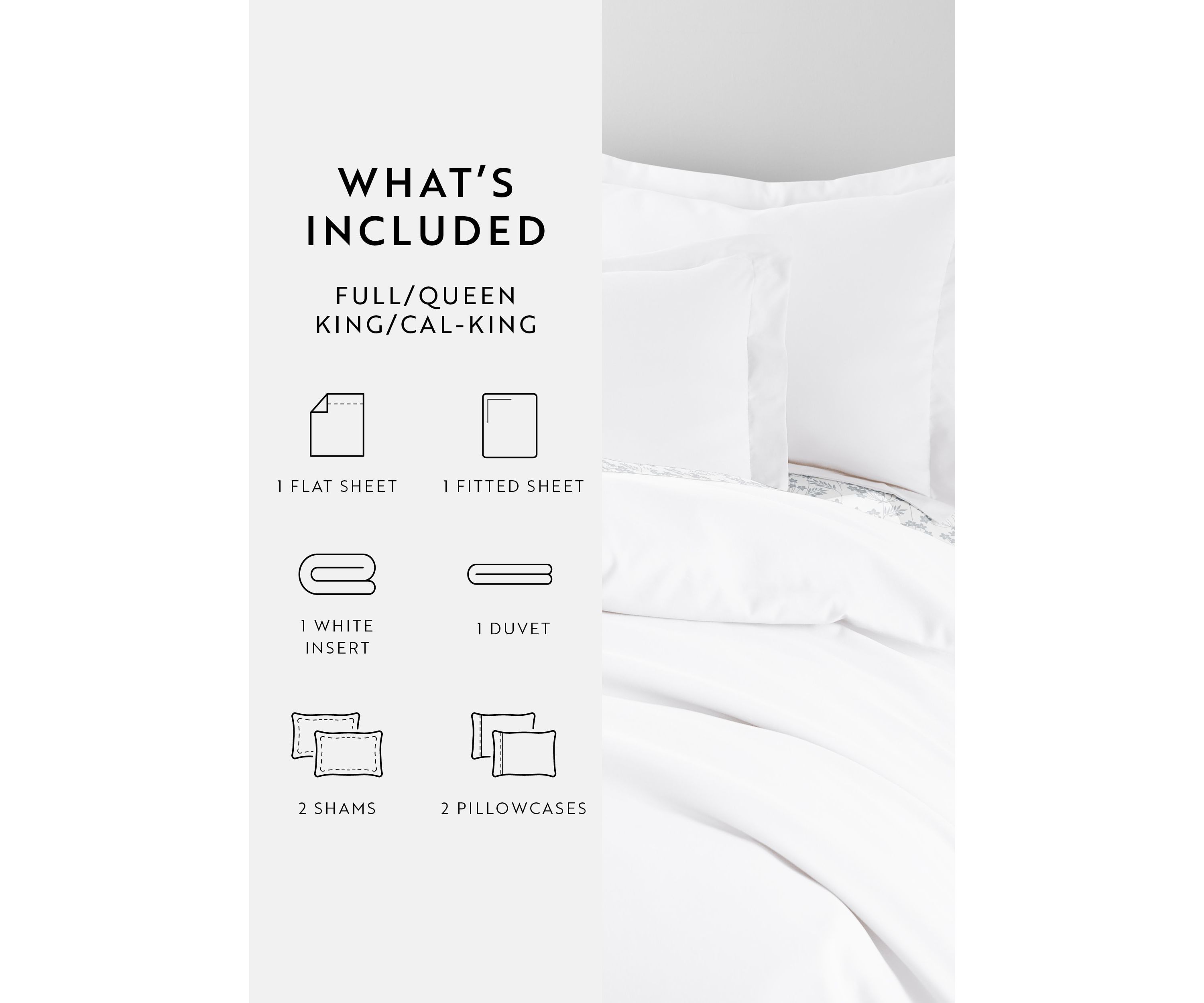 Bedding Bundle, Solid Duvet Cover Set, White Comforter and Patterned Sheet Set