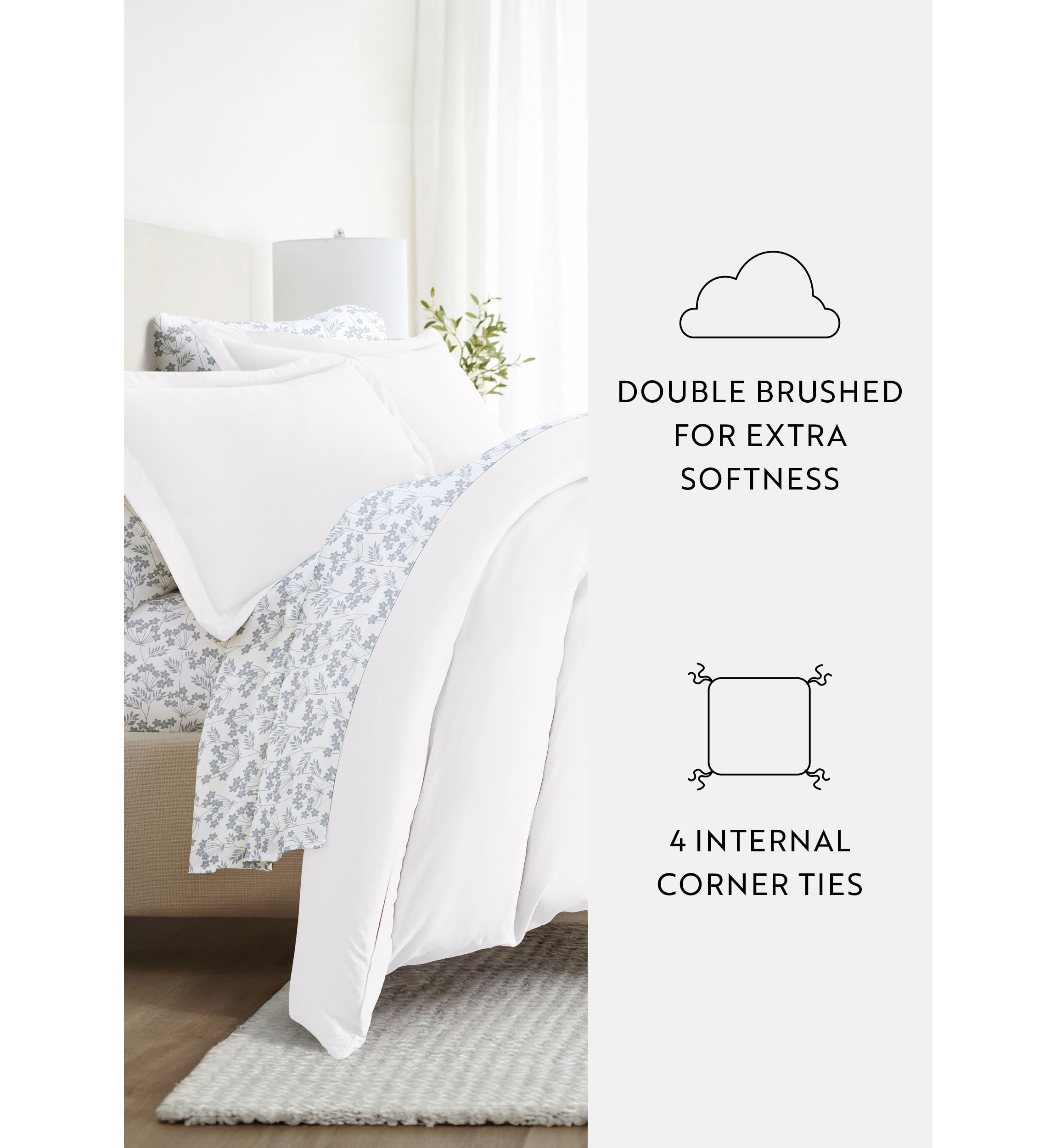 Bedding Bundle, Solid Duvet Cover Set, White Comforter and Patterned Sheet Set