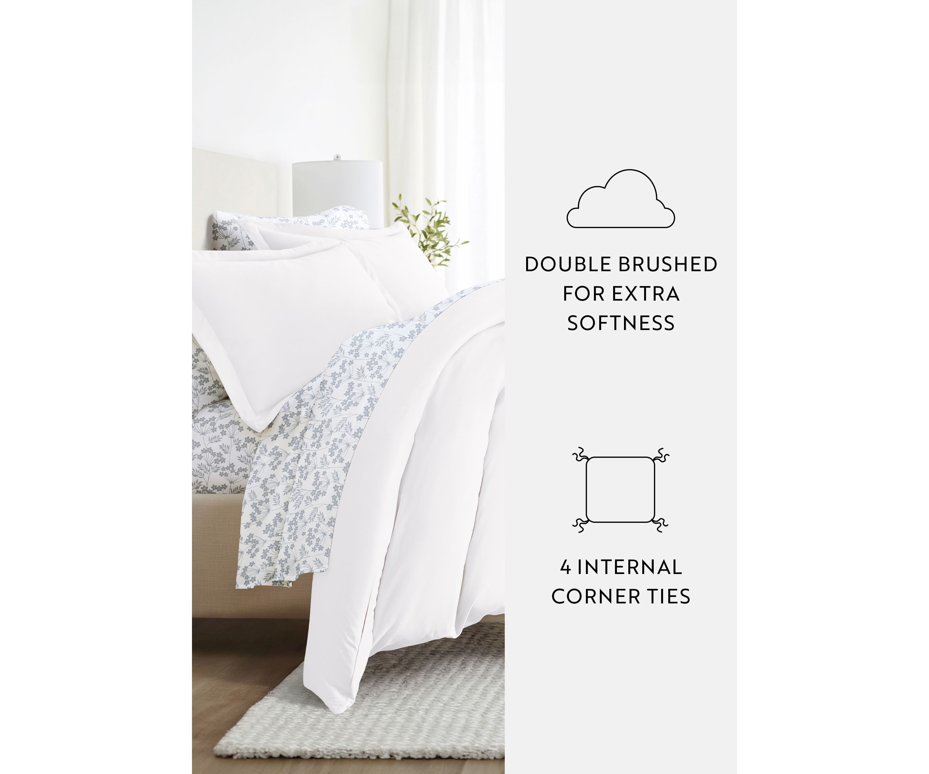 Bedding Bundle, Solid Duvet Cover Set, White Comforter and Patterned Sheet Set