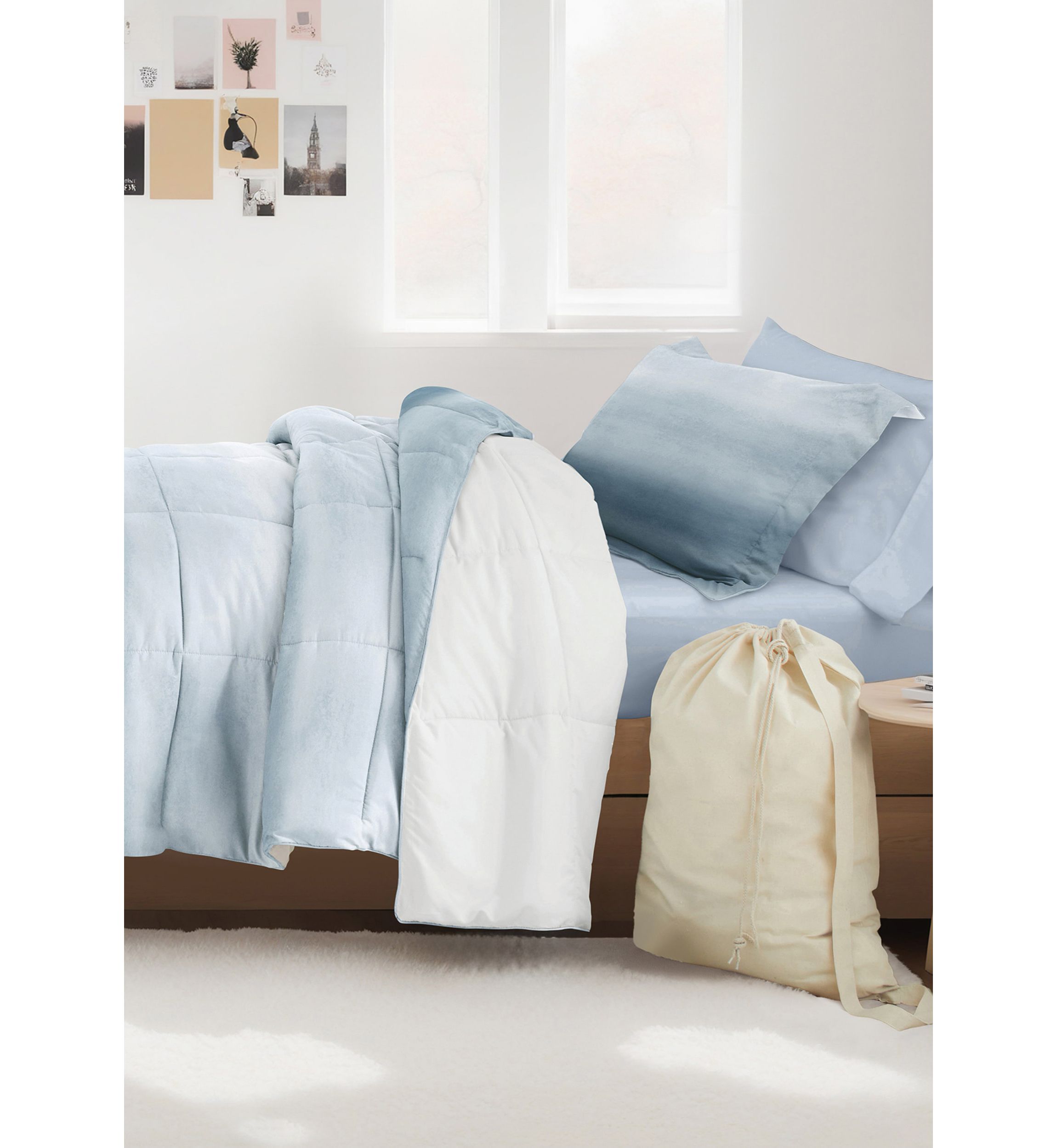 Campus Ready Dorm Bedding Bundle, Patterned Comforter Set, Solid Sheet Set, Pillows and Laundry Bag