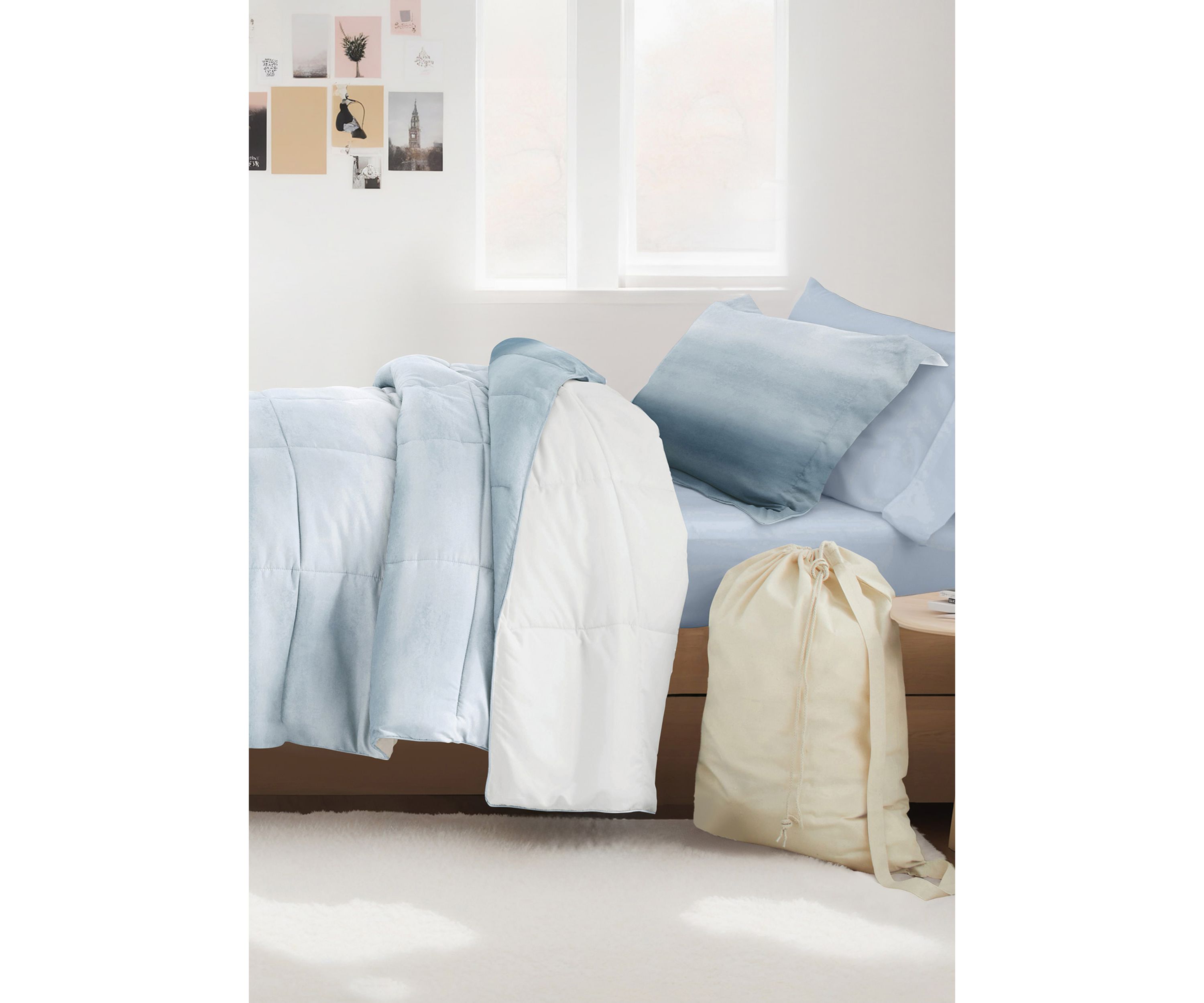 Campus Ready Dorm Bedding Bundle, Patterned Comforter Set, Solid Sheet Set, Pillows and Laundry Bag