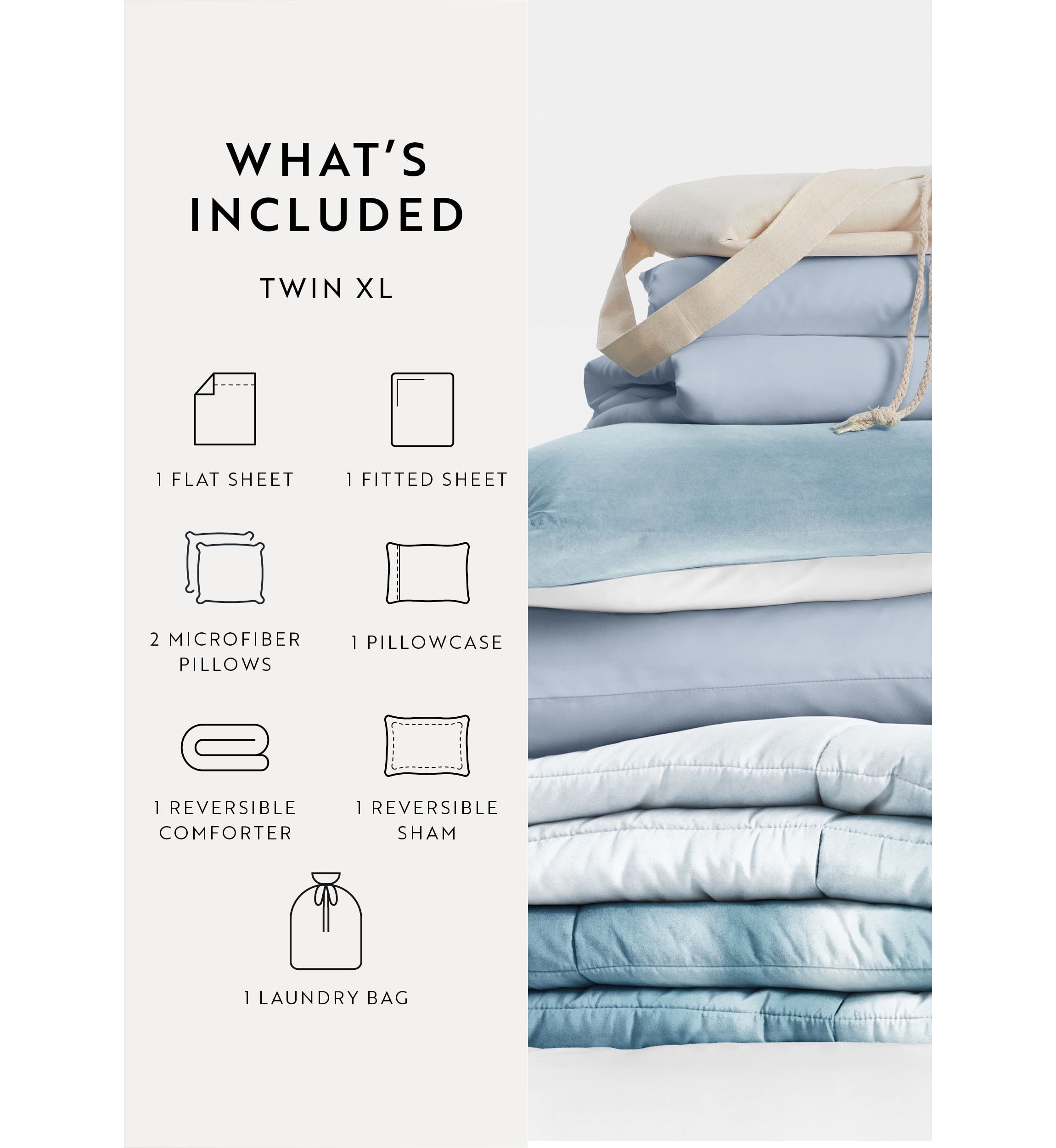 Campus Ready Dorm Bedding Bundle, Patterned Comforter Set, Solid Sheet Set, Pillows and Laundry Bag