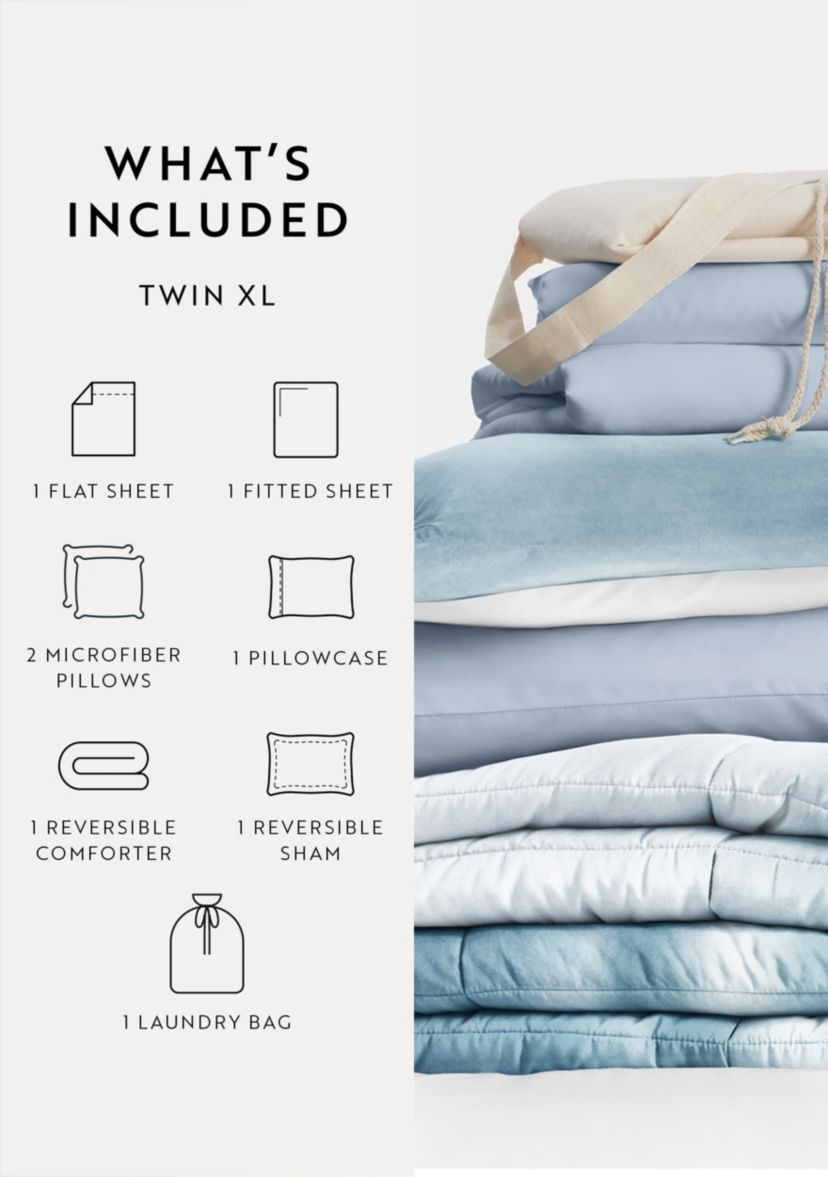 Campus Ready Dorm Bedding Bundle, Patterned Comforter Set, Solid Sheet Set, Pillows and Laundry Bag