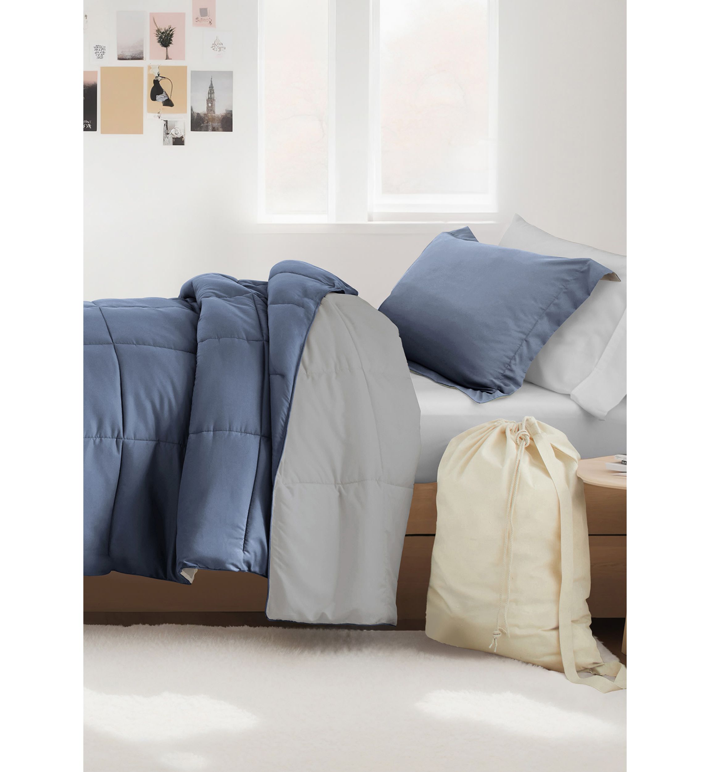 Ultimate College Essentials Bedding Bundle, Reversible Comforter Set, Patterned Sheet Set, Pillows and Laundry Bag