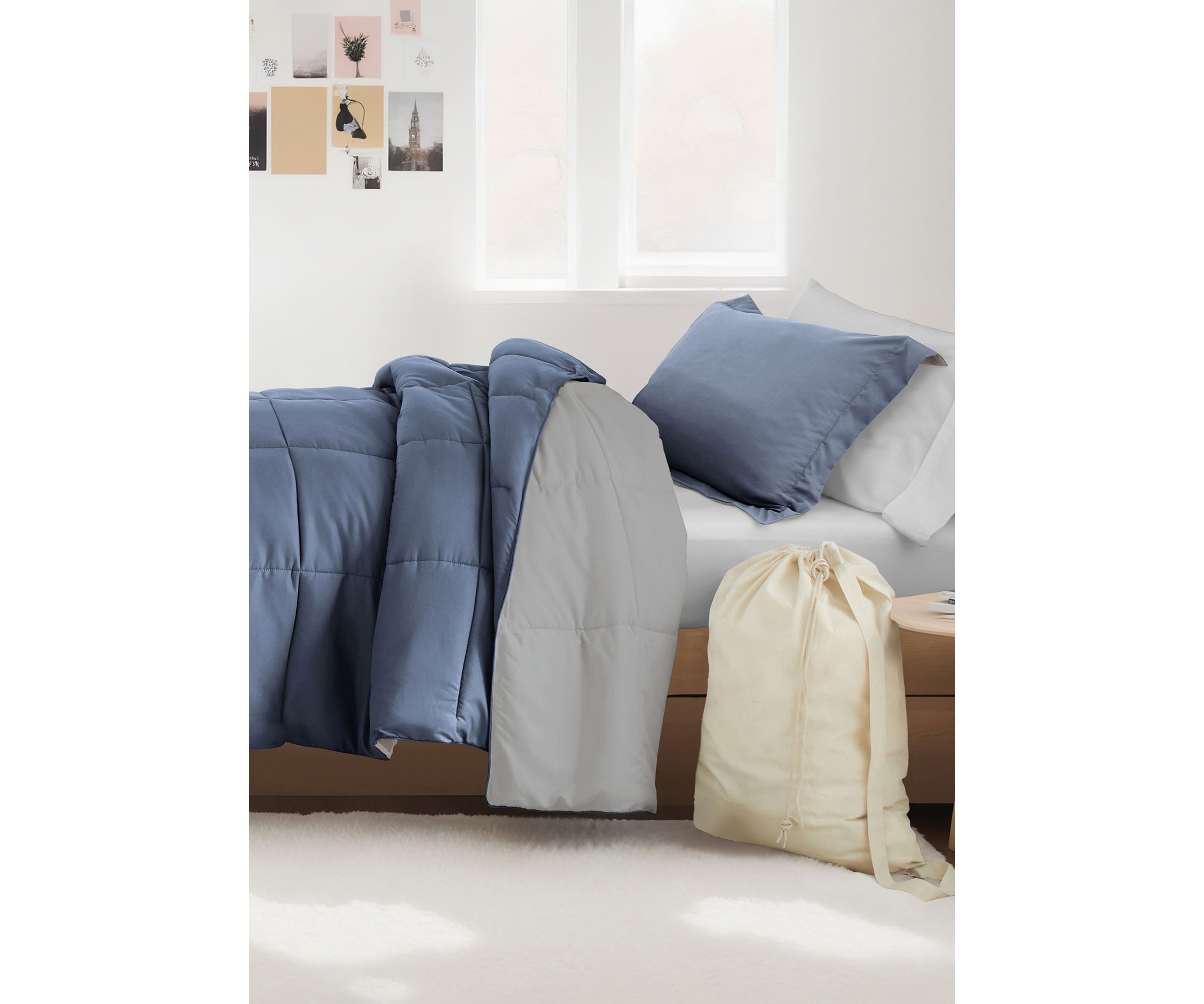 Ultimate College Essentials Bedding Bundle, Reversible Comforter Set, Patterned Sheet Set, Pillows and Laundry Bag