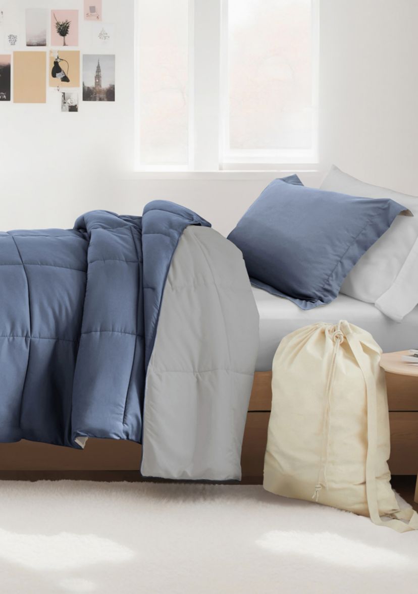 Ultimate College Essentials Bedding Bundle, Reversible Comforter Set, Patterned Sheet Set, Pillows and Laundry Bag